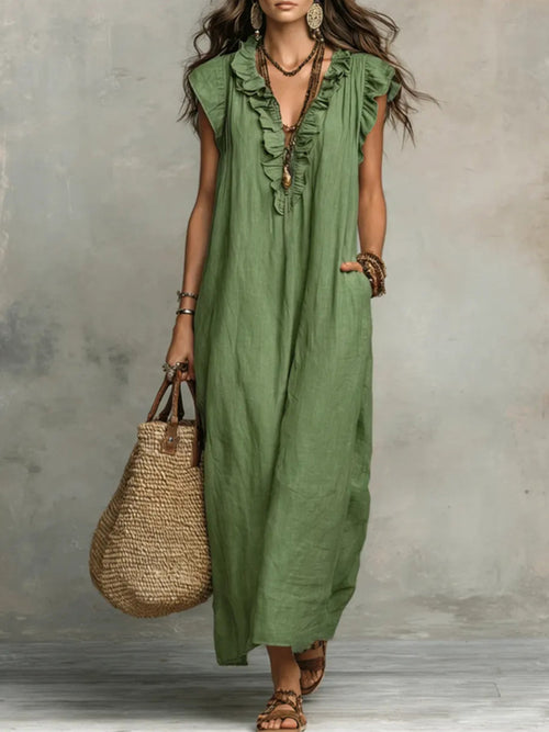 Comfort Ruffle Neck Short Sleeve Maxi Dress