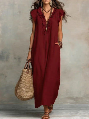 Comfort Ruffle Neck Short Sleeve Maxi Dress