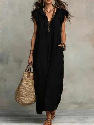 Comfort Ruffle Neck Short Sleeve Maxi Dress