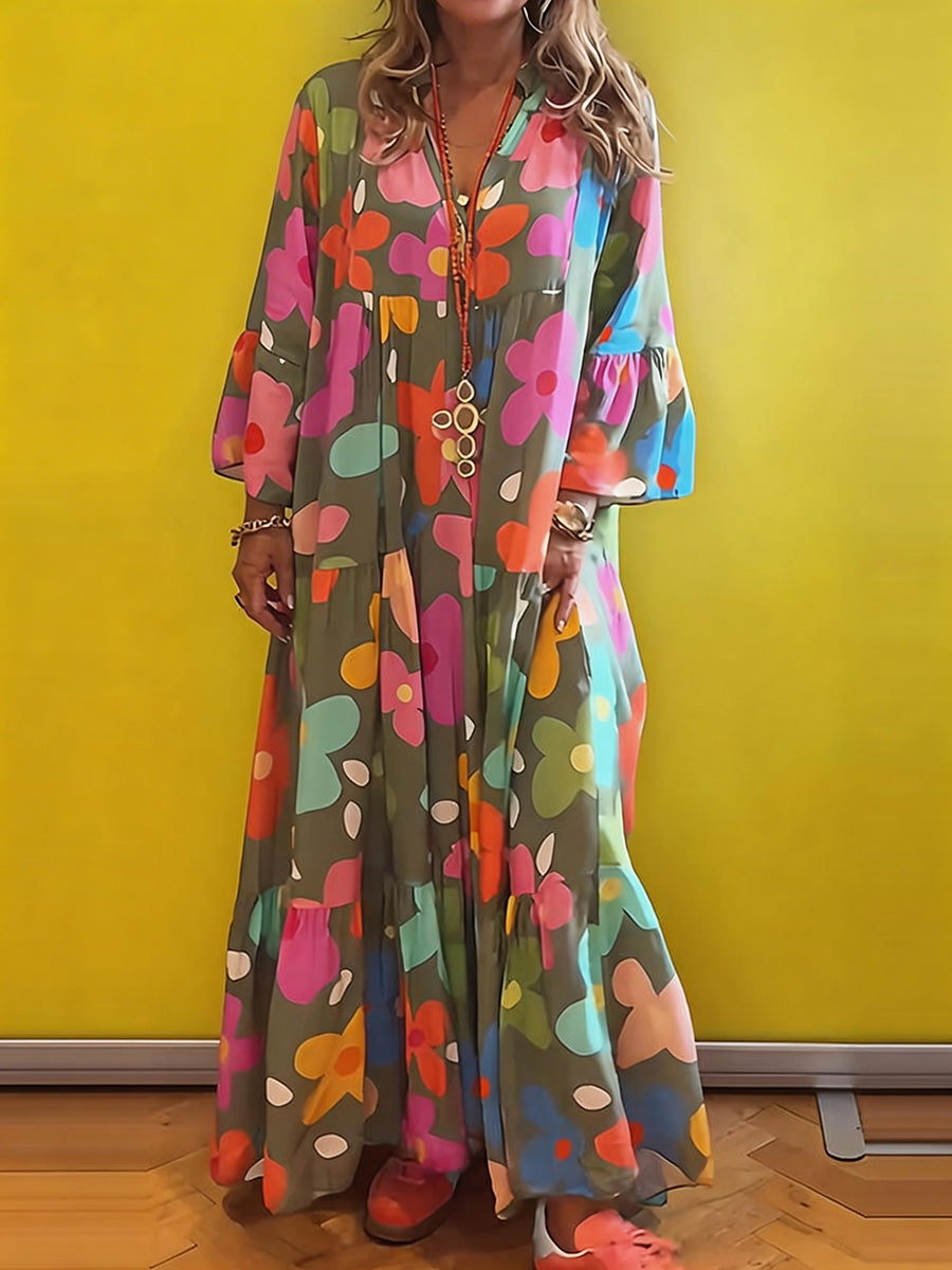 Comfortable Printed Bell-Sleeve Maxi Dress