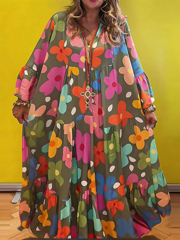 Comfortable Printed Bell-Sleeve Maxi Dress