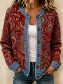Contrast Denim-Inspired Print Long Sleeve Cardigan