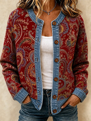 Contrast Denim-Inspired Print Long Sleeve Cardigan