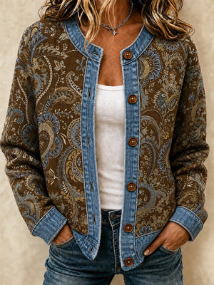 Contrast Denim-Inspired Print Long Sleeve Cardigan