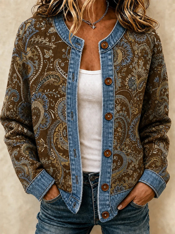 Contrast Denim-Inspired Print Long Sleeve Cardigan