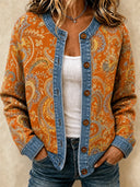Contrast Denim-Inspired Print Long Sleeve Cardigan