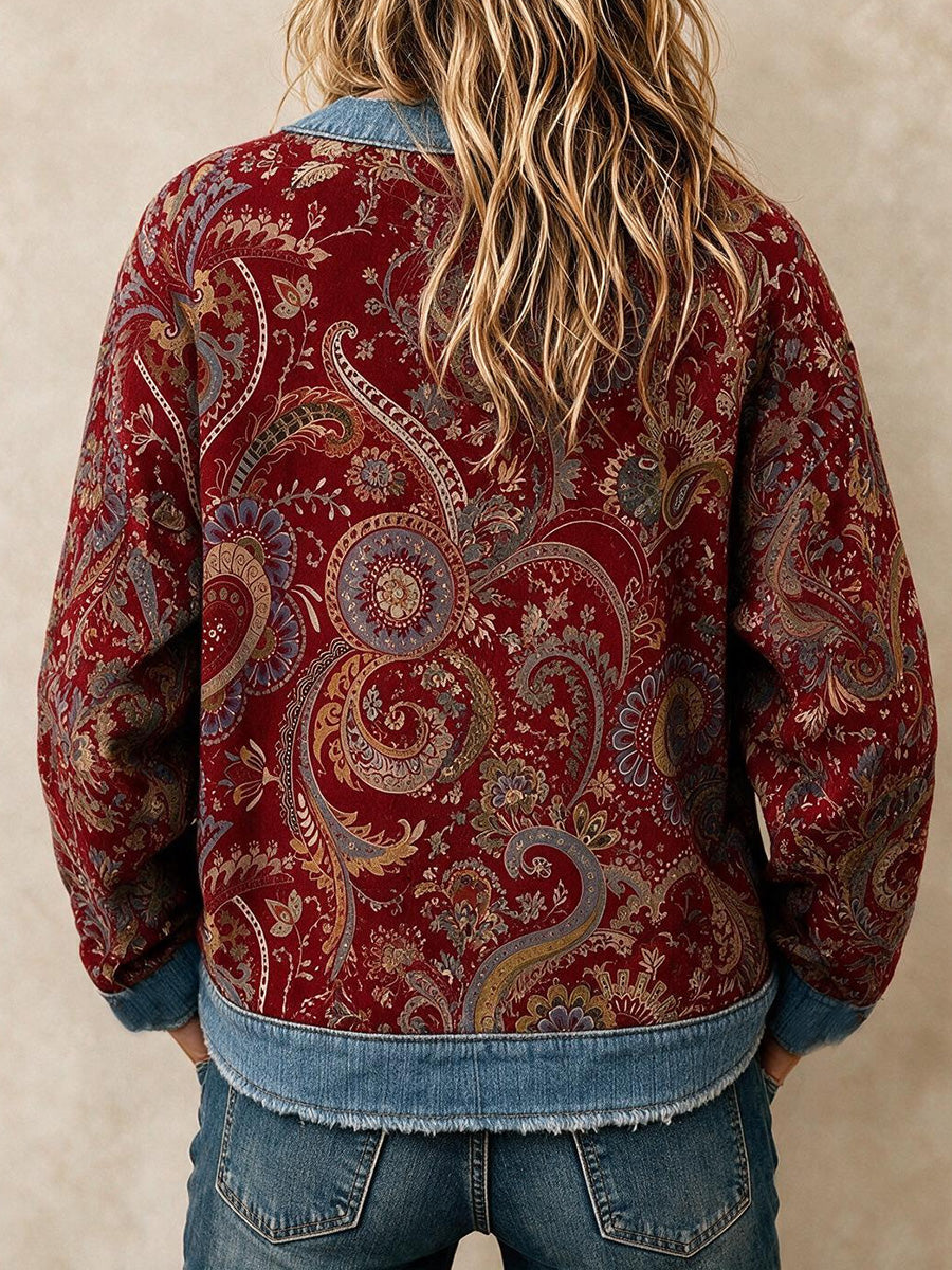 Contrast Denim-Inspired Print Long Sleeve Cardigan