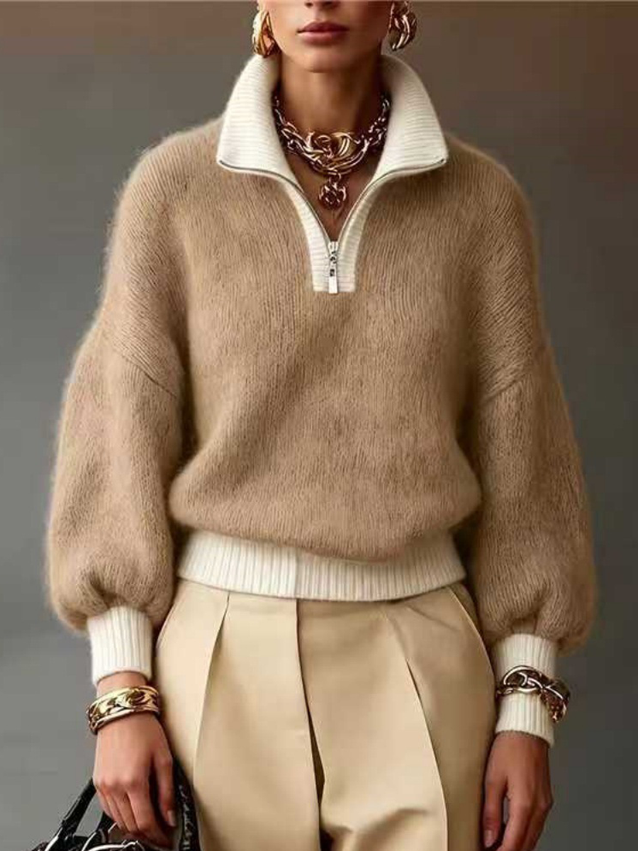 Contrast Quarter Zip Mock Neck Sweater