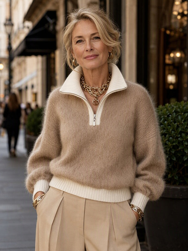 Contrast Quarter Zip Mock Neck Sweater