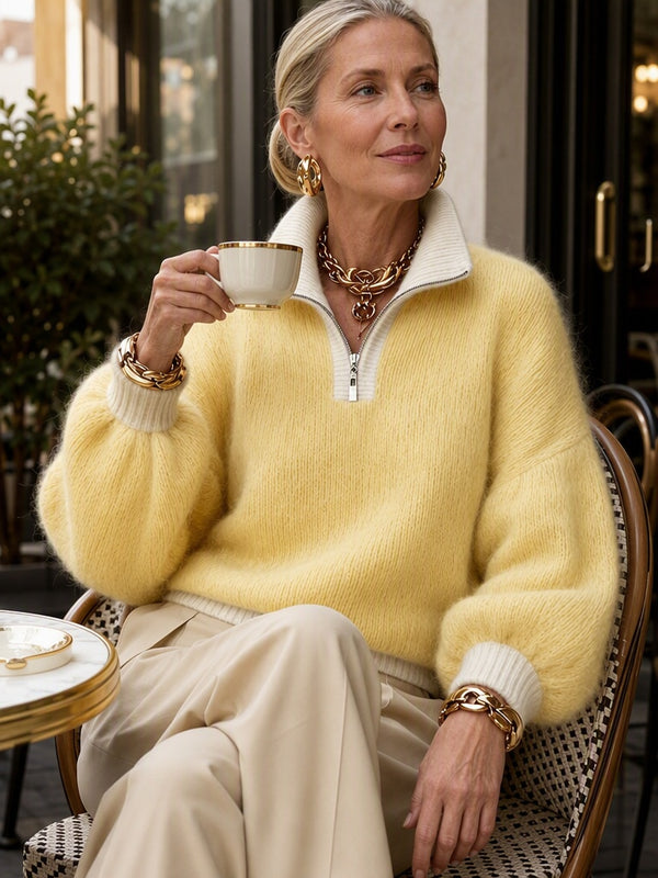 Contrast Quarter Zip Mock Neck Sweater