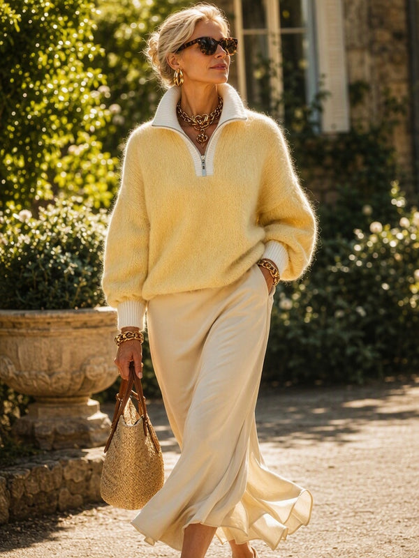 Contrast Quarter Zip Mock Neck Sweater