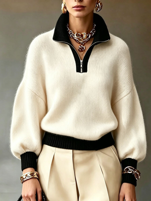 Contrast Quarter Zip Mock Neck Sweater