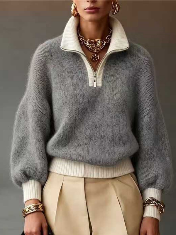 Contrast Quarter Zip Mock Neck Sweater