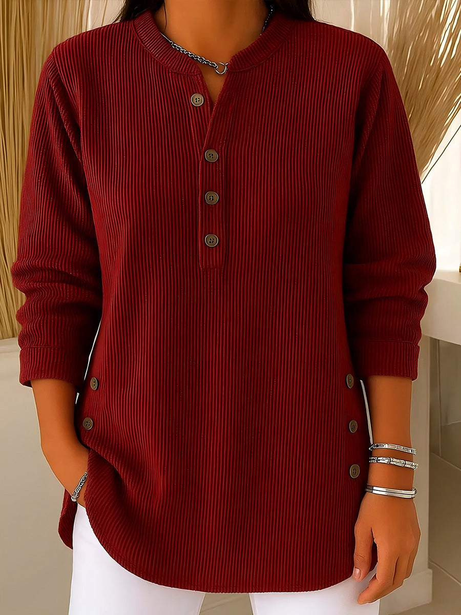 Corduroy V-Neck Button Top