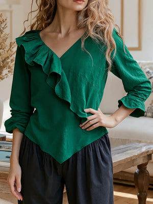 Cotton Linen V-Neck Ruffle Long Sleeve Top