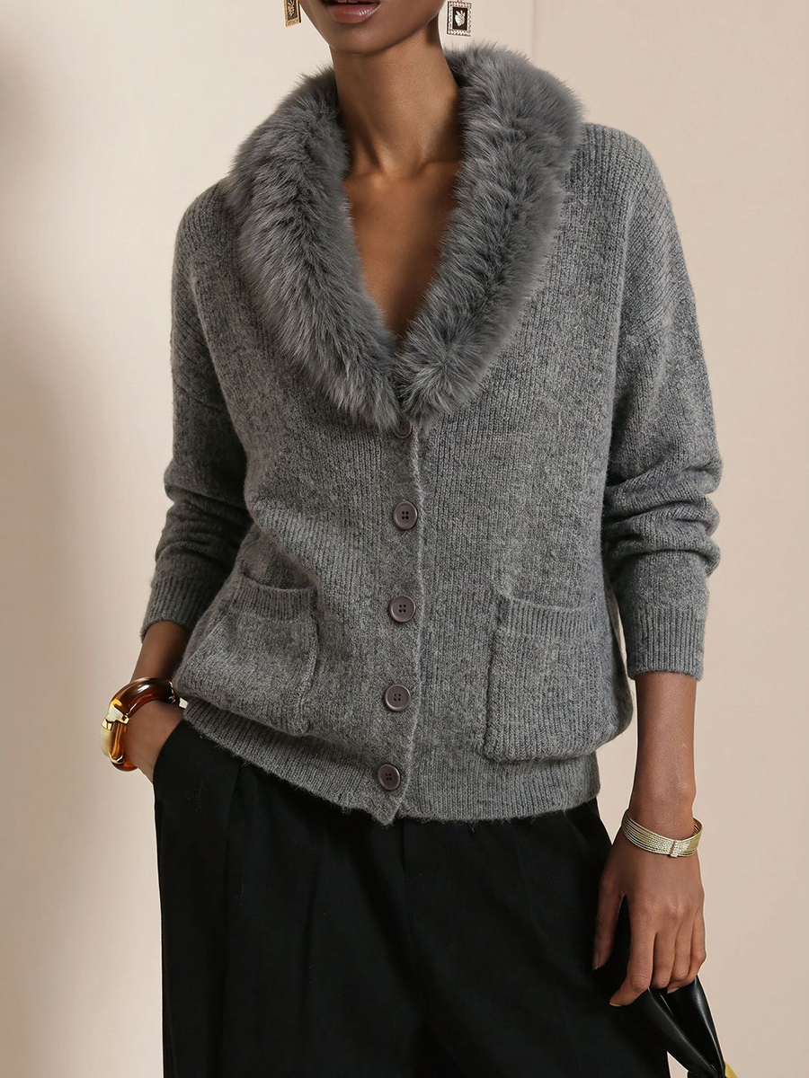 Cozy Faux Fur Collar Pocket Knit Sweater