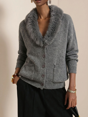 Cozy Faux Fur Collar Pocket Knit Sweater