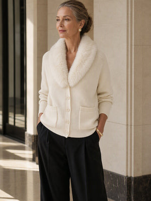 Cozy Faux Fur Collar Pocket Knit Sweater