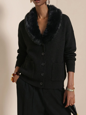 Cozy Faux Fur Collar Pocket Knit Sweater
