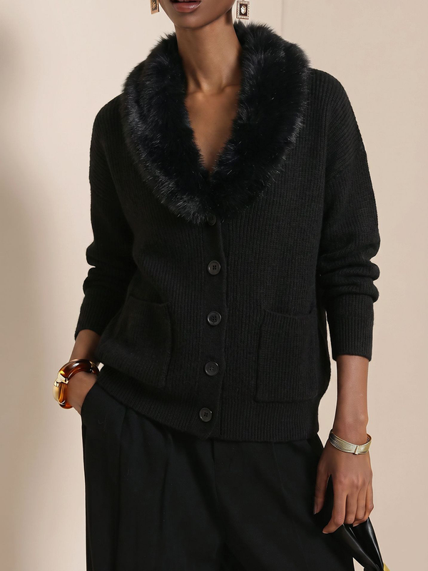 Cozy Faux Fur Collar Pocket Knit Sweater