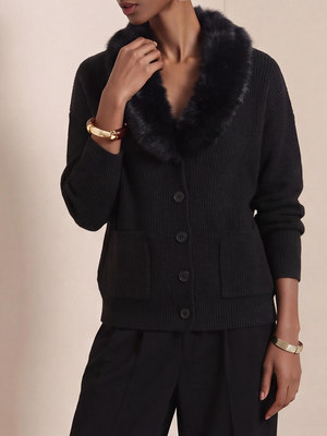 Cozy Faux Fur Collar Pocket Knit Sweater