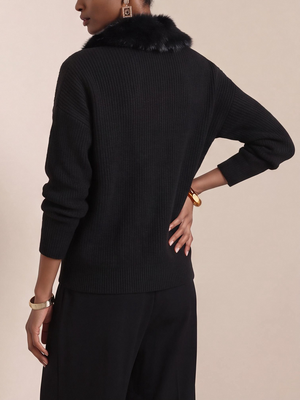 Cozy Faux Fur Collar Pocket Knit Sweater