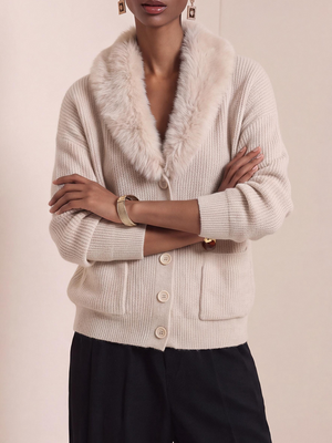 Cozy Faux Fur Collar Pocket Knit Sweater