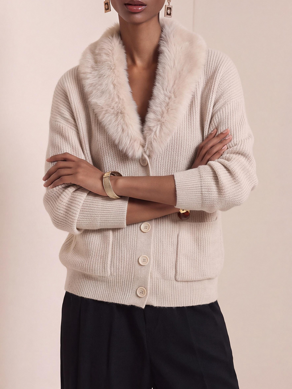Cozy Faux Fur Collar Pocket Knit Sweater