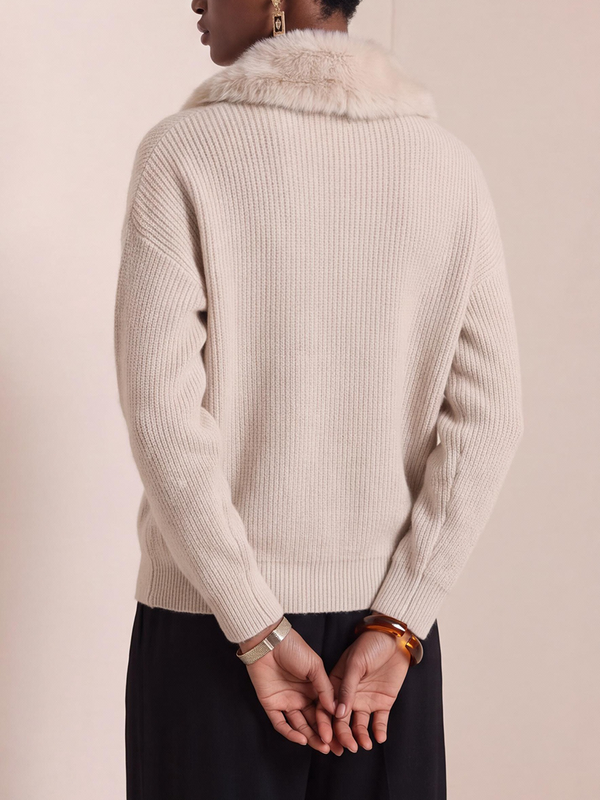 Cozy Faux Fur Collar Pocket Knit Sweater