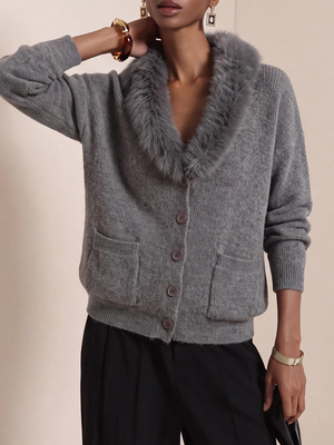 Cozy Faux Fur Collar Pocket Knit Sweater