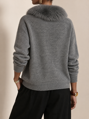 Cozy Faux Fur Collar Pocket Knit Sweater