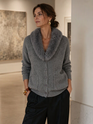 Cozy Faux Fur Collar Pocket Knit Sweater