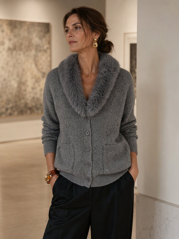 Cozy Faux Fur Collar Pocket Knit Sweater