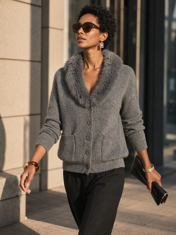 Cozy Faux Fur Collar Pocket Knit Sweater