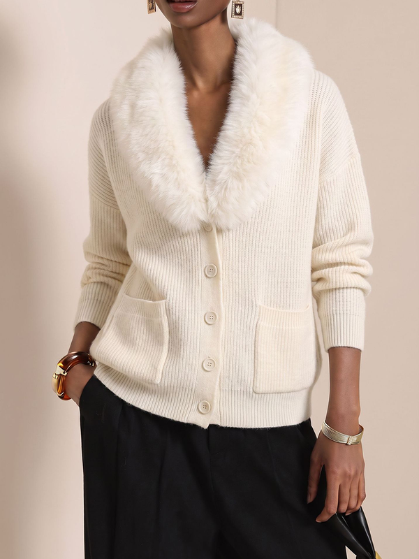 Cozy Faux Fur Collar Pocket Knit Sweater