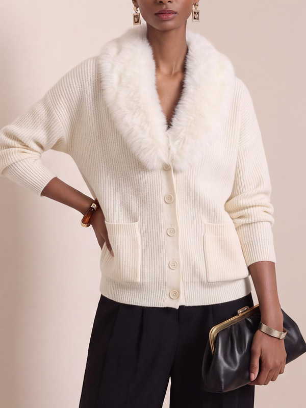 Cozy Faux Fur Collar Pocket Knit Sweater