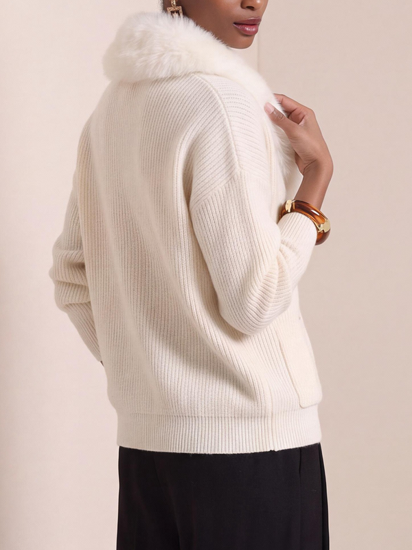 Cozy Faux Fur Collar Pocket Knit Sweater