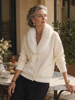 Cozy Faux Fur Collar Pocket Knit Sweater