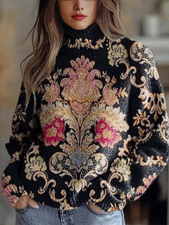 Cozy Floral Pattern High-Collar Pullover