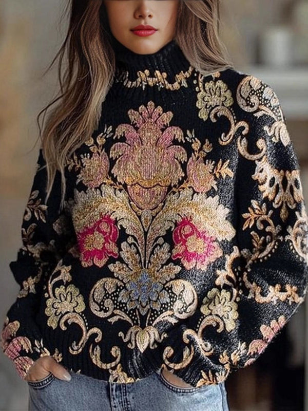 Cozy Floral Pattern High-Collar Pullover