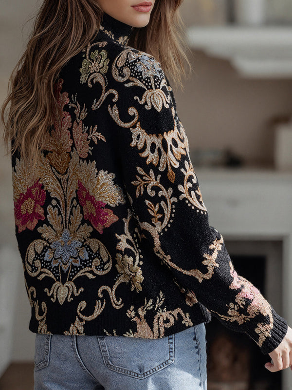 Cozy Floral Pattern High-Collar Pullover