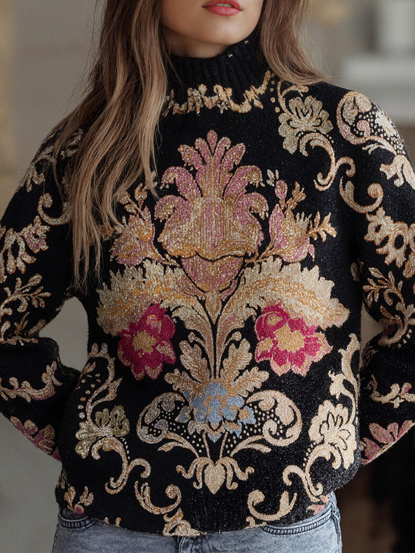 Cozy Floral Pattern High-Collar Pullover