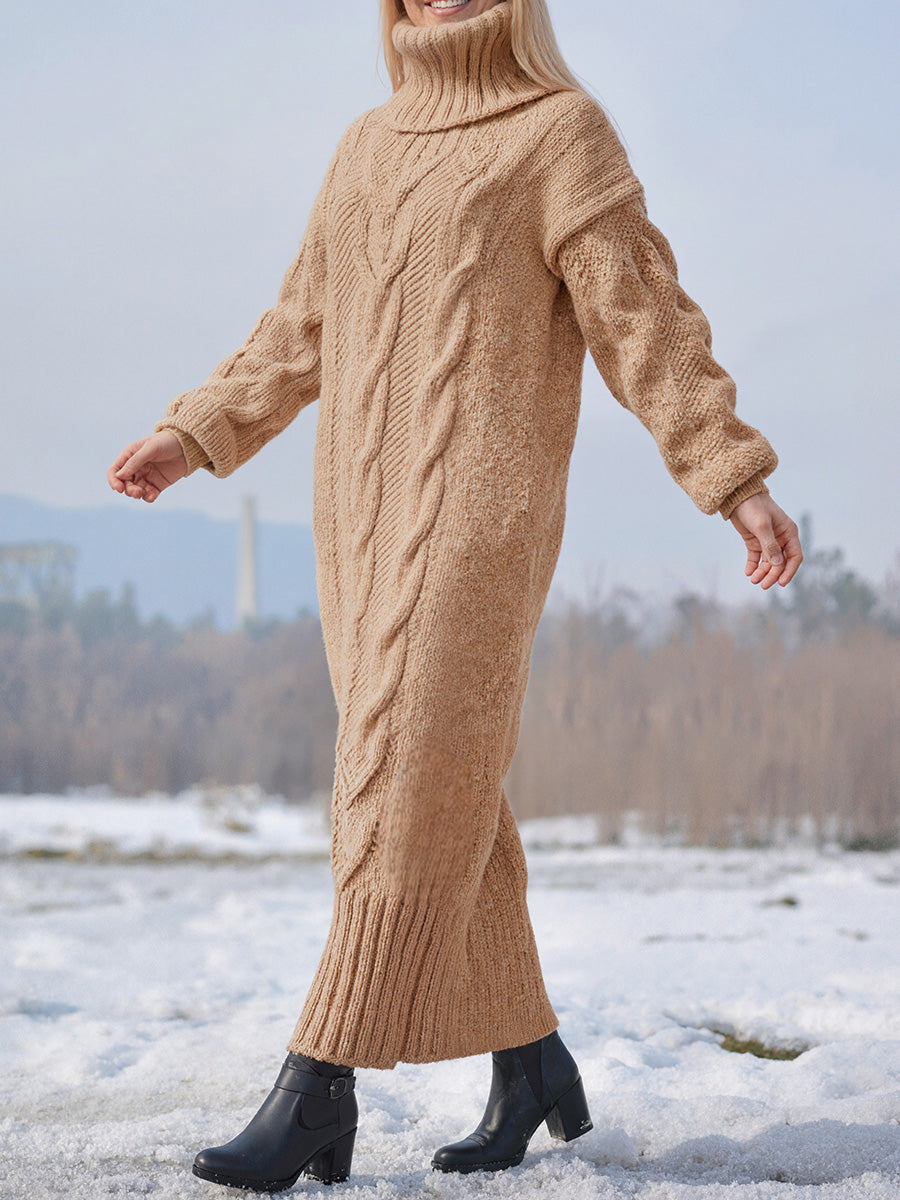 Cozy High-Neck Long-Sleeve Knit Dress