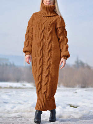 Cozy High-Neck Long-Sleeve Knit Dress