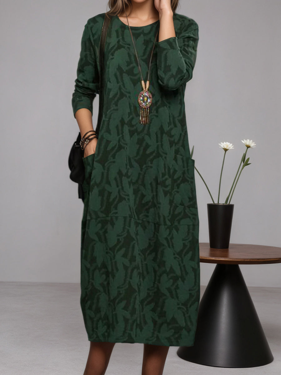 Custom-Printed Crew Neck Long-Sleeve Dress