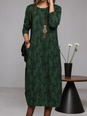 Custom-Printed Crew Neck Long-Sleeve Dress
