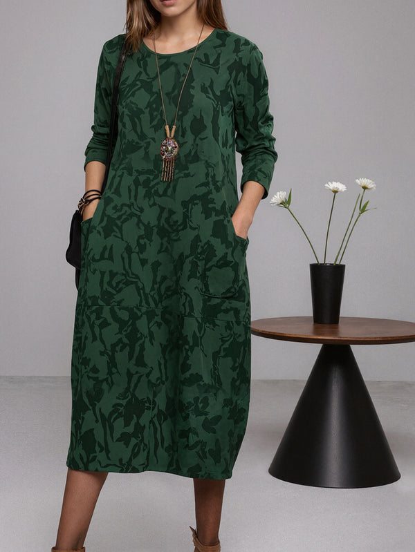Custom-Printed Crew Neck Long-Sleeve Dress