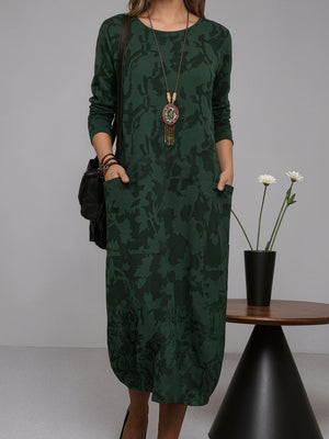 Custom-Printed Crew Neck Long-Sleeve Dress