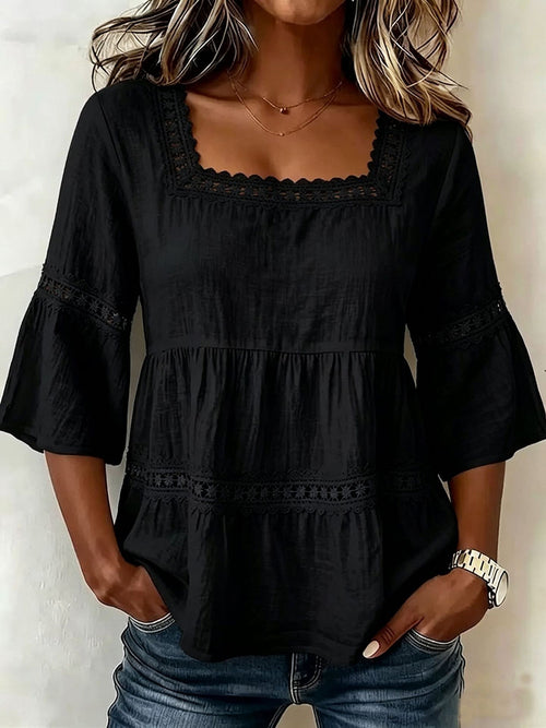 Delicate Lace Details Chic Cotton-Linen Top