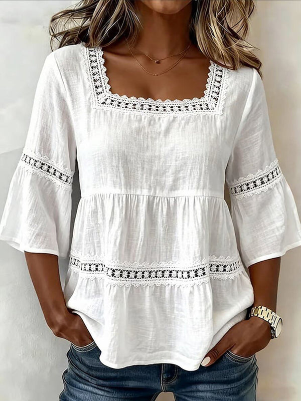 Delicate Lace Details Chic Cotton-Linen Top